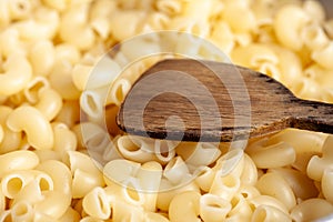 Close-up of uncooked elbow macaroni pasta with selective focus