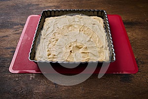 Close up uncooked raw pie, cake, tart dough. Preparring plum cake or pie
