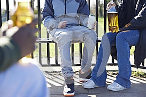 Close Up Of Underage Teenagers Drinking Alcohol In Park