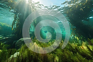 close-up of underwater garden, with kelp, eelgrass, and schools of fish visible