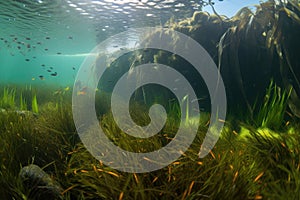 close-up of underwater garden, with kelp, eelgrass, and schools of fish visible