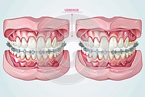 Close-up of uneven teeth with orthodontic braces for correction on a white background