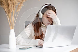 Close up unhappy stressed businesswoman reading bad news in email, frustrated student working on difficult task, online project