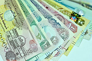 Close-up United Arab Emirates Currency, Dirhams and fils, Dubai, Abu Dhabi