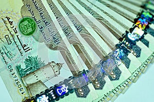 Close-up United Arab Emirates Currency, Dirhams and fils, Dubai, Abu Dhabi