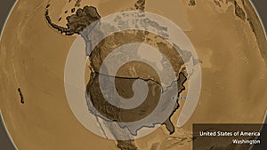 United States of America border shape overlay. Bevelled. Sepia e photo