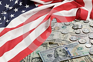 Close up of United States of America flag and money