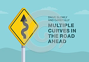 Close-up of United States winding road sign. Drive slowly and carefully, multiple curves in the road ahead.