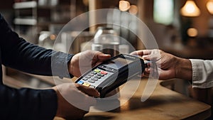 Close-up of a unrecognisable person using credit card to pay at grocery store. Customer making a payment for the