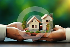 Close up unrecognizable Caucasian person homeowner real estate agent hands holding small house home project model giving