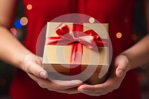 Close up unrecognizable Caucasian woman lady red dress female hands holding gift box receiving blurred background