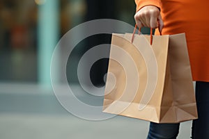 Close up unrecognizable person happy customer hand holding paper bag shopper shopping discount outdoors blurred city