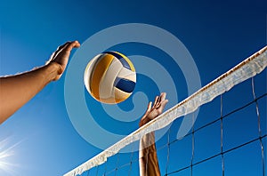 CLOSE UP: Unrecognizable volleyball player spikes the ball past the block