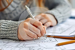 Close up unrecognizable young Caucasian right-handed female woman girl university student pupil hand holding pen writing