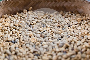 Close up of unroasted coffee beans in basket