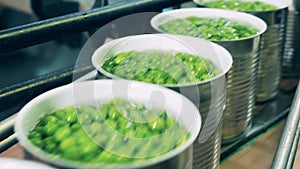 Close up of unsealed tin cans with peas on the conveyor