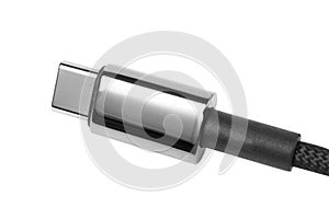 Close-up of a USB-C cable connector on a white background.