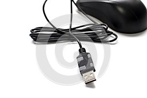 A close-up usb cable for a computer mouse