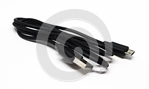 Close-up USB cable isolated on a white background. Black color micro usb cable