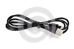 Close-up of a USB cable with standard A and micro-USB standard B connectors isolated on a white background