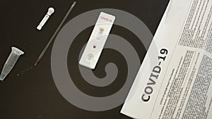 Close-up of the used test system for determining the coronavirus covid-19 by the invasive method. Test cassette shows a