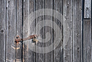 Close up of a utility shed door with a rusty padlock and weathered planks