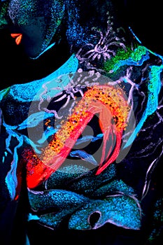 Close up UV portrait of a bodyart flamengo