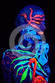 Close up UV portrait of a bodyart flamengo