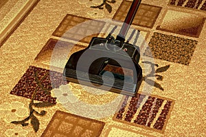Close up of the vacuum cleaner, focus on the brush, cleaning the carpet. Home, housekeeping concept