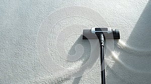 Close up of Vacuum cleaner head gliding over fluffy beige rug. Carpet cleaning. Concept of home cleanliness, dust