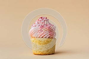 Close-up of vanilla cupcake with pink whipped butter cream top. Cream cheese frosting on muffin decorated with little pink heart