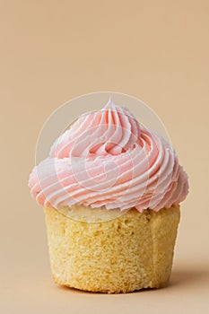 Close-up of vanilla cupcake with pink whipped butter cream top. Cream cheese frosting on muffin decorated with little pink heart