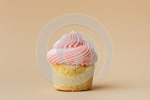 Close-up of vanilla cupcake with pink whipped butter cream top. Cream cheese frosting on muffin decorated with little pink heart