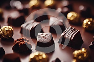 close up variety chocolate bars with gold sprinkles on top. World Chocolate Day