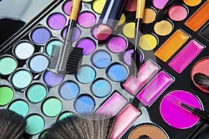 Close up of variety cosmetic makeup tools
