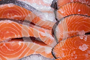 A close up of a variety of fish fillets, including salmon, with ice on top
