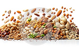 : A close-up of a variety of nuts and seeds on a white background