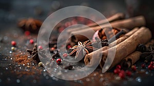 Close-up variety of spices including star anise, cinnamon sticks, and assorted peppercorns on a blurred dark background