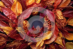 close-up of various autumn leaves arranged in a wreath