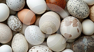 Close-up of various bird eggs with different colors and patterns.