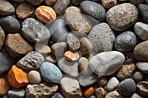 Close up of various colored stones including grey orange and brown. Generative AI