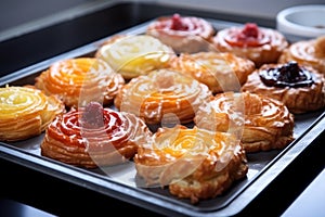close-up of various danish pastries lined up on a tray
