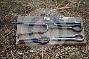 Close-up of a various parts of jaw harps, khomuses, folk musical instruments, selective focus