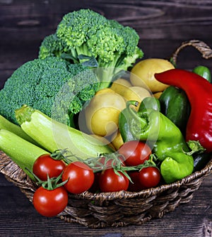 Close up of various raw vegetables in a basket. Local market fresh vegetable, garden produce, clean eating and dieting concept.