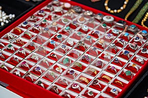 Close-up of various rings sold in jewelry store