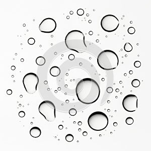 Close up of various sized water droplets scattered on a clean white background isolated on white background