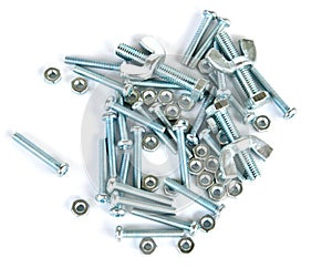 Close-up of various steel nuts and bolts