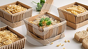 close up of various types of pasta in cardboard boxes on white background