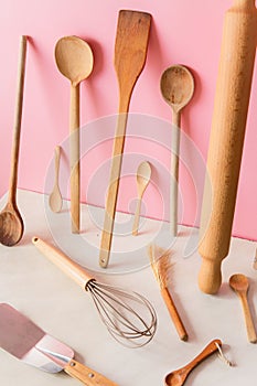 Close up of various wooden kitchen utensils.