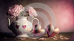 Close-up of a vase with roses and heart on pink background, ai generated